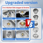 Upgraded 3 in 1 Kitchen Sink Drain Strainer - Stainless Steel Sink Stopper, Anti-Clogging Sink Food Catcher Basket, Fast Drainage Odor Filter Sink Plug(golden-2pcs)