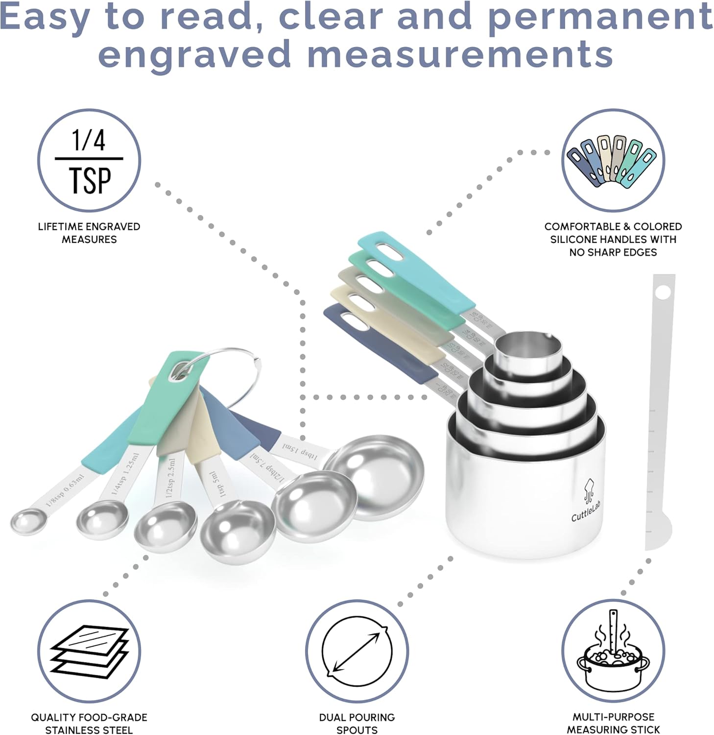 Measuring Cups and Measuring Spoons Set of 14 - Stainless Steel Measuring Cups and Spoons Set, Includes 1/8 Teaspoon Measuring Spoon, 1/8 Cup Measuring Cup, Leveler Dry (14, Farmhouse)