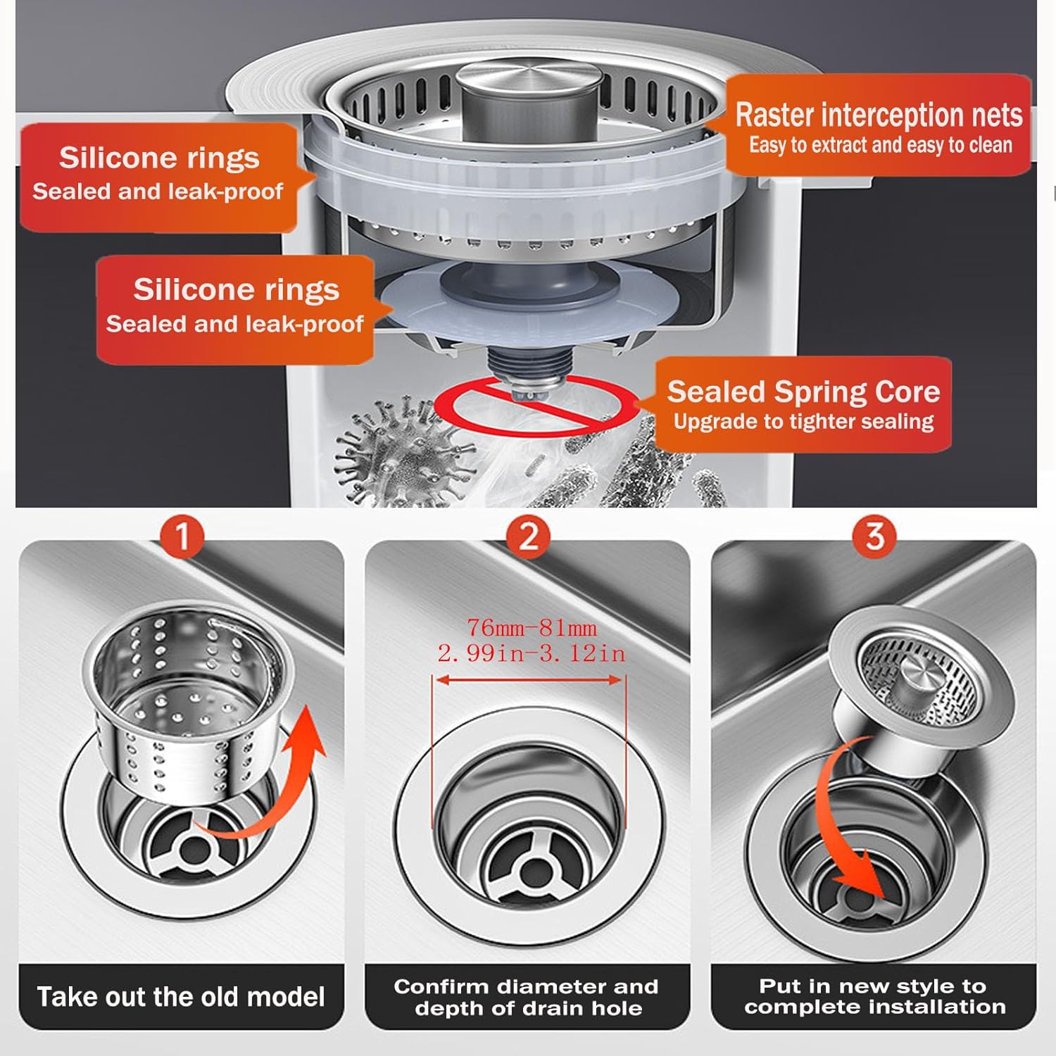 Kitchen Sink Drain Strainer，Upgraded 304 Stainless Steel 3 in 1 Pop-up Sink Drain Strainer Kitchen Drain Strainer Cover and Sink Stoppers Combo，Standard 3-1/2 in Hole