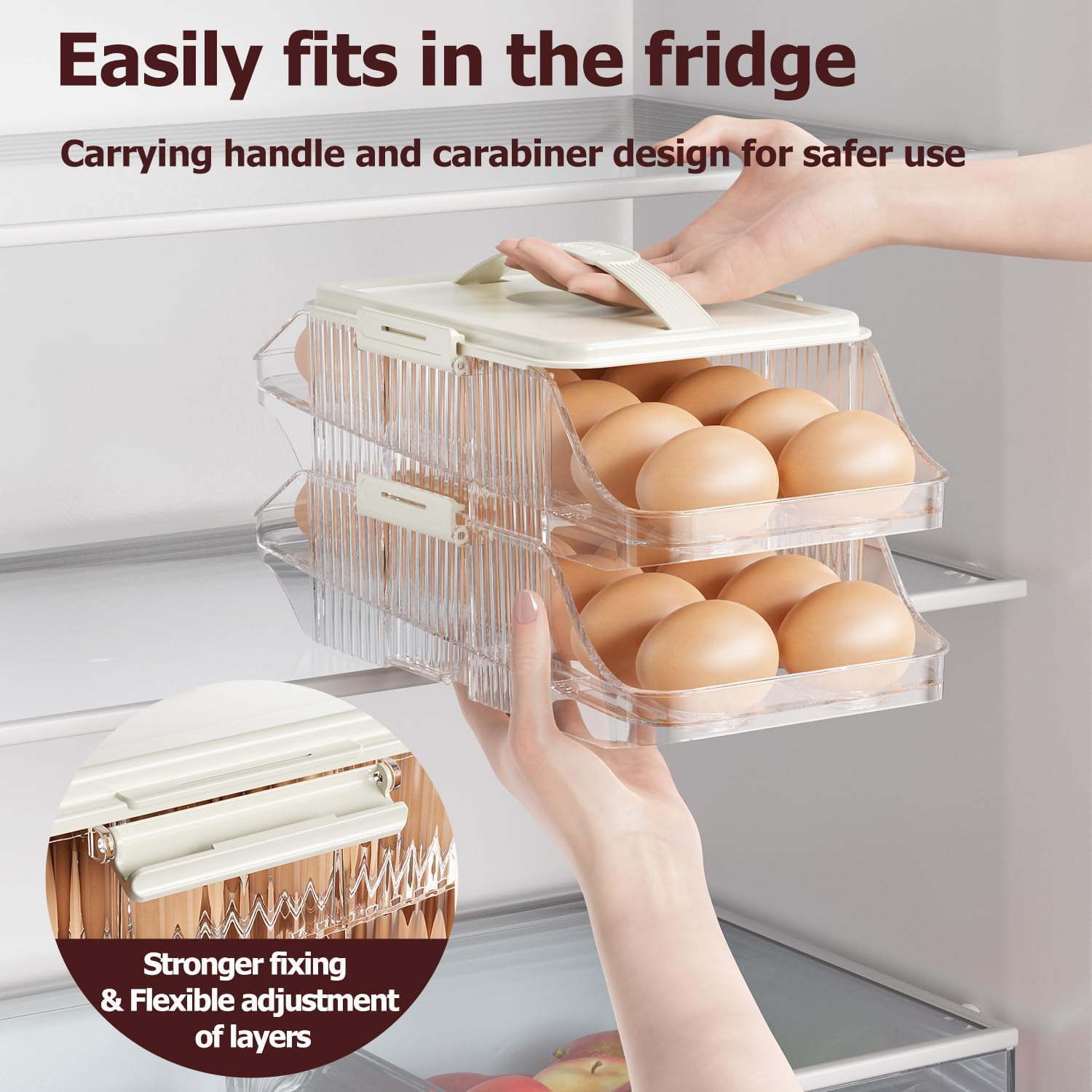 Automatic Rolling Egg Holder for Fridge, Clear Plastic Egg Organizer with Handle for Refrigerator, Egg Container for Kitchen Storage, 2 Row 2 layers