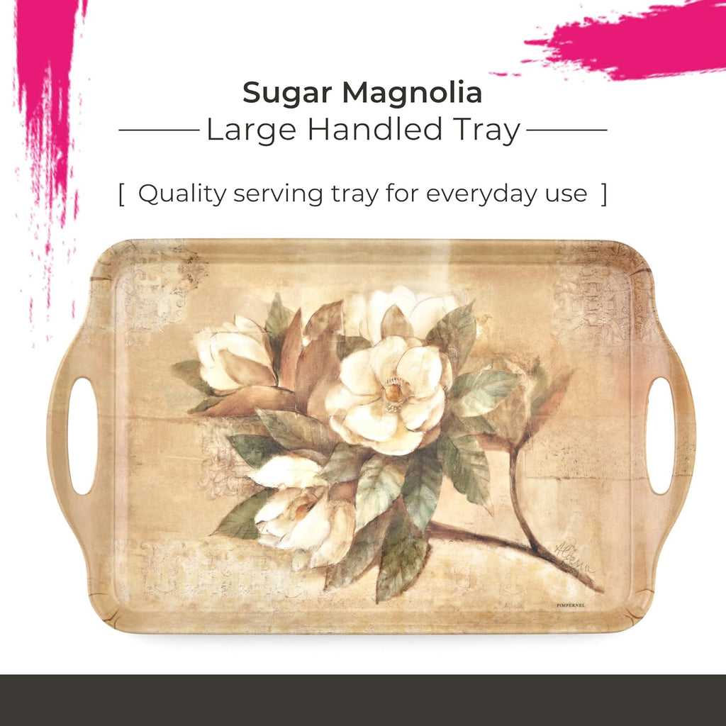 Pimpernel Sugar Magnolia Large Handled Tray - Rectangular Melamine Serving Tray with Bright Floral Magnolia Design & Side Handles - Dishwasher Safe Platter for Snacks Drinks/Decorative Table Display