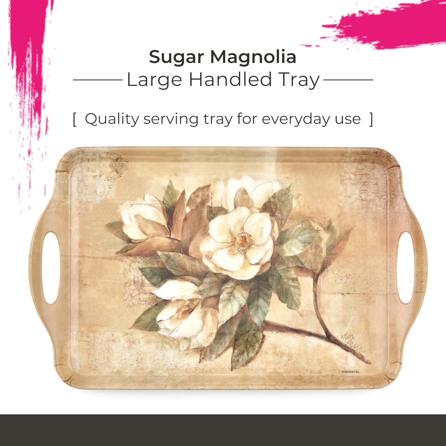 Pimpernel Sugar Magnolia Large Handled Tray - Rectangular Melamine Serving Tray with Bright Floral Magnolia Design & Side Handles - Dishwasher Safe Platter for Snacks Drinks/Decorative Table Display