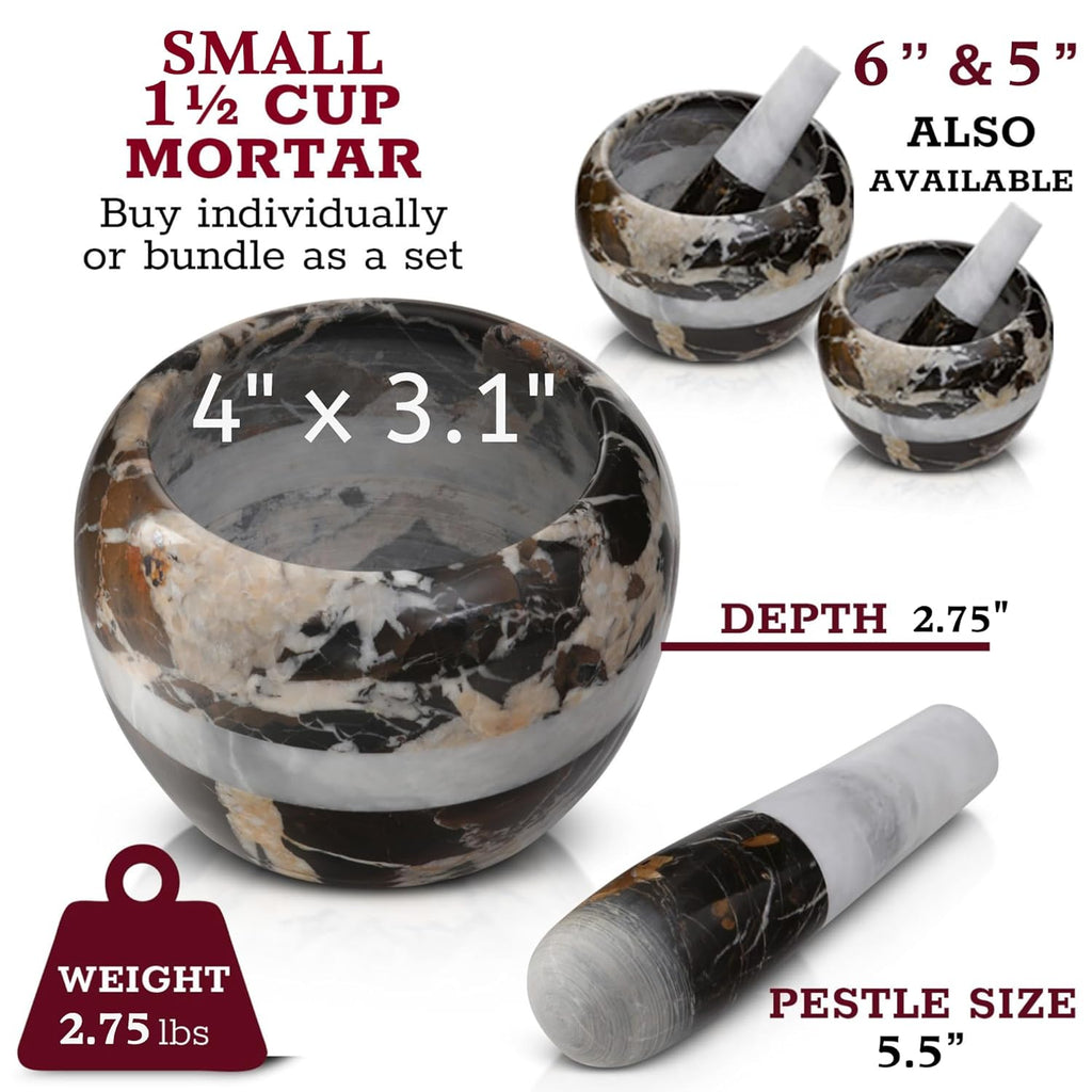 Gusto Nostro Natural Marble Mortar and Pestle Set Small| 4 Inch - 1.5 Cup | Mini Mortar Pestle Set for Grinding Herbs, Nuts, Grains | Pesto Grinding and Guacamole Stone Bowl | Marble Spice Crusher