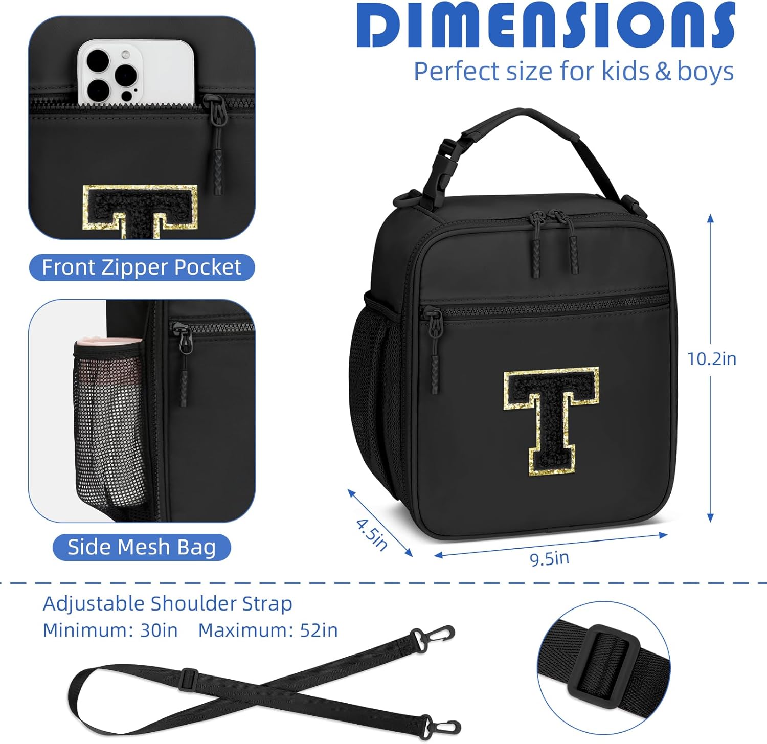 Initial Insulated Lunch Bag for Boys Kids, Back to School Gift, Reusable Leak-proof Lunch Box with Adjustable Strap for School Daycare Travel Picnic（Black，T）