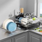 MOUKABAL Dish Drying Rack - 2 Tier Stainless Steel Dish Rack, Dish Racks for Kitchen Counter, Drying Rack Kitchen with Removable Utensil Holder and Drainboard (Black)