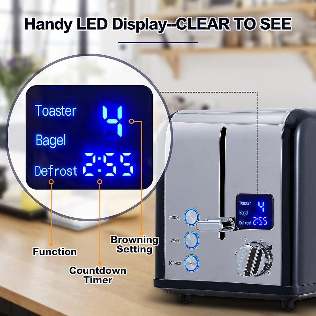 CUSIMAX Stainless Steel 2 Slice Toaster with LED Display, Extra-wide Slots, 6 Browning Settings, Cancel/Bagel/Defrost, Removable Crumb Tray, Black
