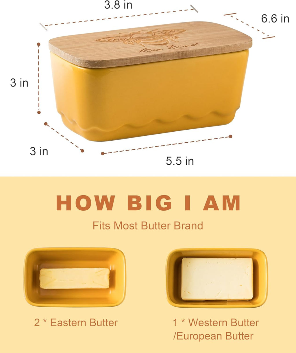 Covered Butter Dish with Lid, Large Butter Dishes for Countertop, Yellow Butter Holder with Airtight Seal Butter Container for East West Coast Butter, HoneyBee Table Decor