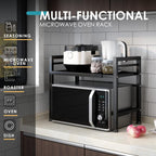 DOLALIKE Microwave Oven Rack, Expandable Microwave Stand Countertop Kitchen Utensils Tableware Storage, Carbon Steel Over Microwave Shelf Countertop with 3 Hooks