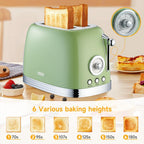 Green Cute Retro Toaster 2 Slice with 1.58" Wide Slots, with Stainless Steel Lid, with Warming Rack, Preheat, Defrost, Countdown Timer Display