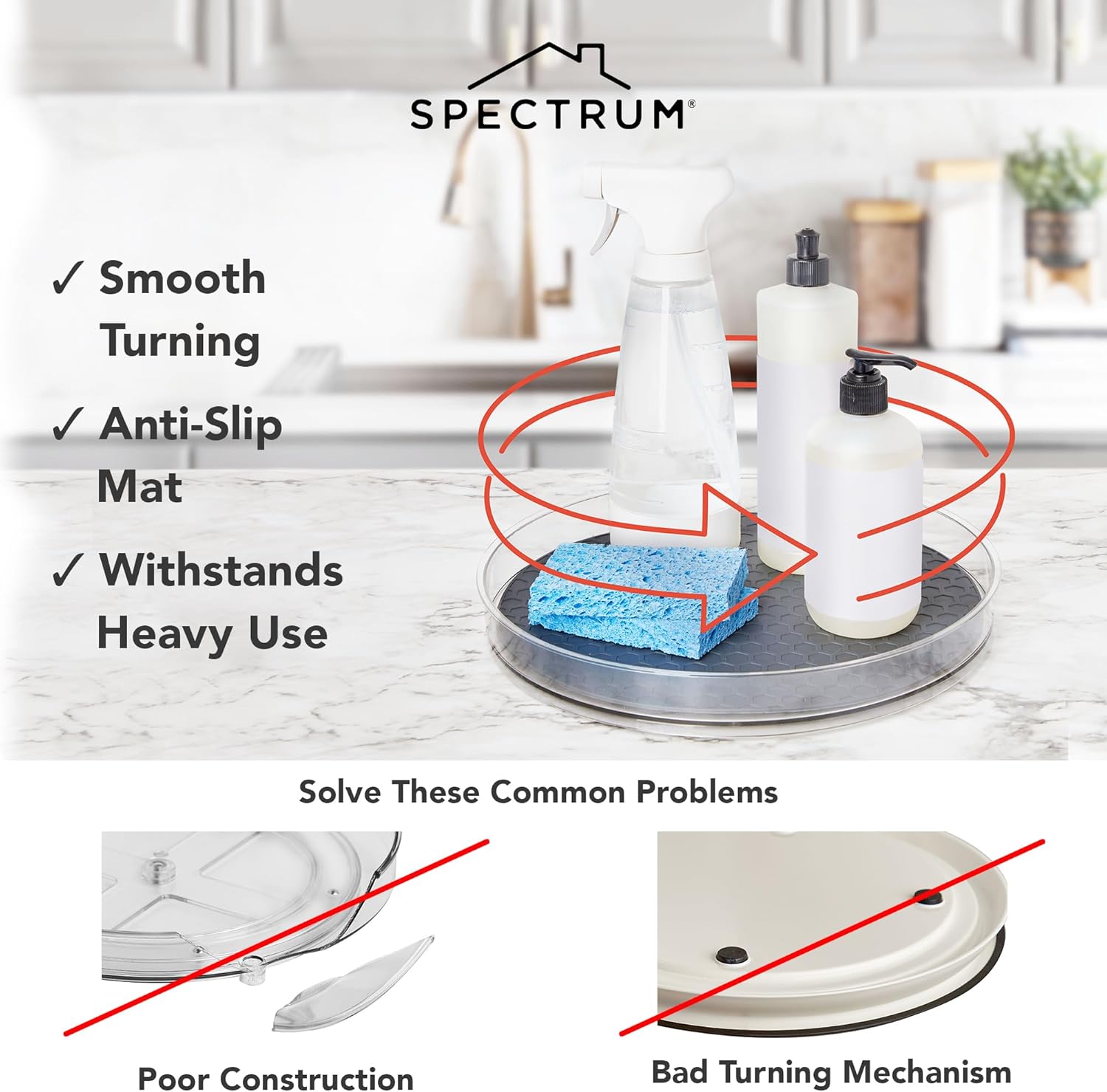 Spectrum Large Lazy Susan Organizer 11 in for Large Cabinet Fridge Pantry Table Shelf Bath Kitchen Organization, Charcoal Gray Rotating Turntable Spinning Storage for Condiments Spice Bottles