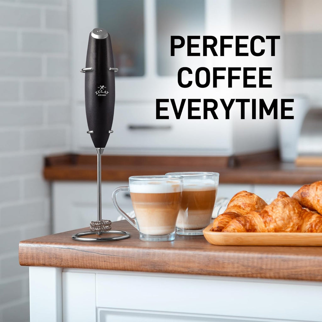 Zulay Kitchen Powerful Double Whisk Milk Frother Handheld - Foam Maker With Stand - Whisk Drink Mixer for Coffee, Mini Foamer for Latte, Matcha, Frappe, Hot Chocolate & Cappuccino (Metallic Black)
