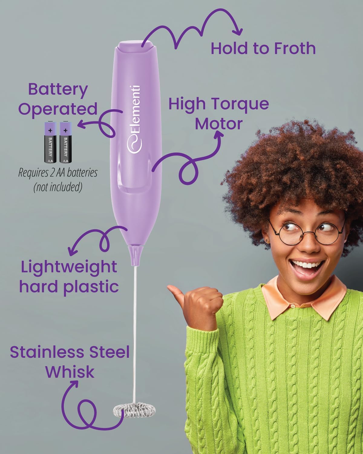 Elementi Powerful Frother Wand – Lightweight Milk Frother & Drink Mixer Handheld, Matcha Whisk for Dreamy Lattes, Powerful Coffee Mixer Wand & Blender Stirrer for Creamy Cappuccinos at Home (Lavender)
