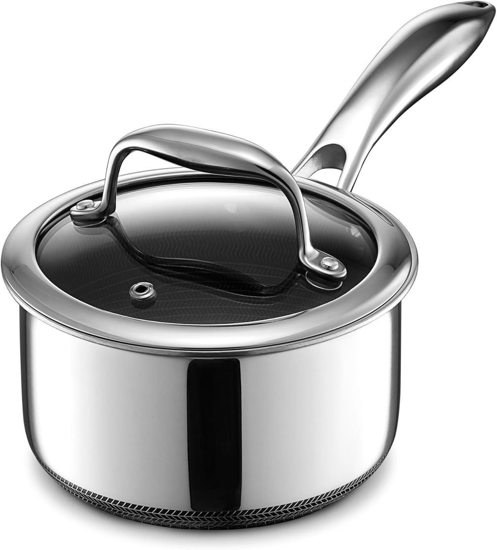 HexClad Hybrid Nonstick 1-Quart Saucepan with Tempered Glass Lid, Stay-Cool Handle, Dishwasher-Friendly, Oven-Safe Up to 900°F, Induction Ready, Compatible with All Cooktops