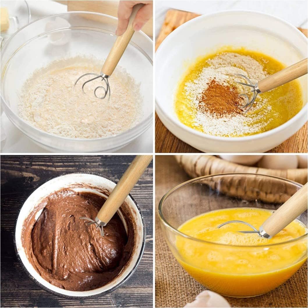 Danish Dough Whisk 13" Stainless Steel Bread Whisk Bread Making Tools Danish Dough Hook Bread Dough Mixer Hand Bread Dough Whisk for Pastry, Baking Cake, Dessert, Sourdough, Pizza, with Wooden Handle