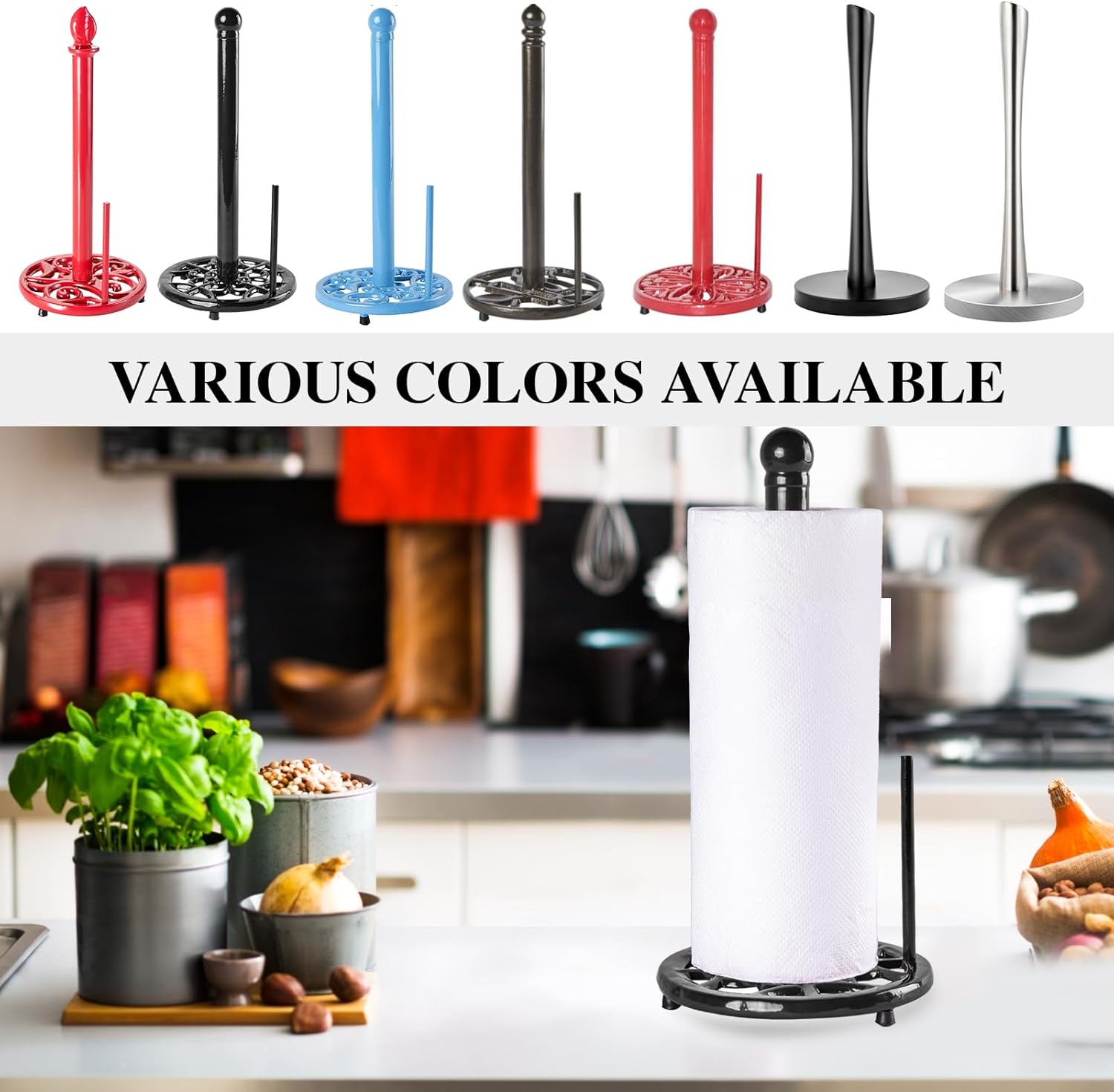 JOGREFUL Paper Towel Holder Stand, Cast Iron Kitchen Paper Towel Countertop Vintage Stand with Weighted-Base, Bathroom Organization for Family Standard Large Size Roll Paper, Classic Style, Black
