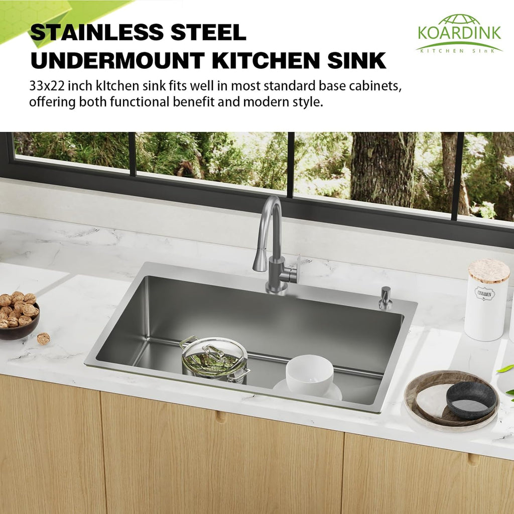Kitchen Sink, 33x22 Inch Stainless Steel Drop In Modern Single Bowl Topmount Kitchen Sink Combo-Silicon Mat,Drain Strainer Set Offering Large Basin And Compatibility With Various Kitchen&Bar Style