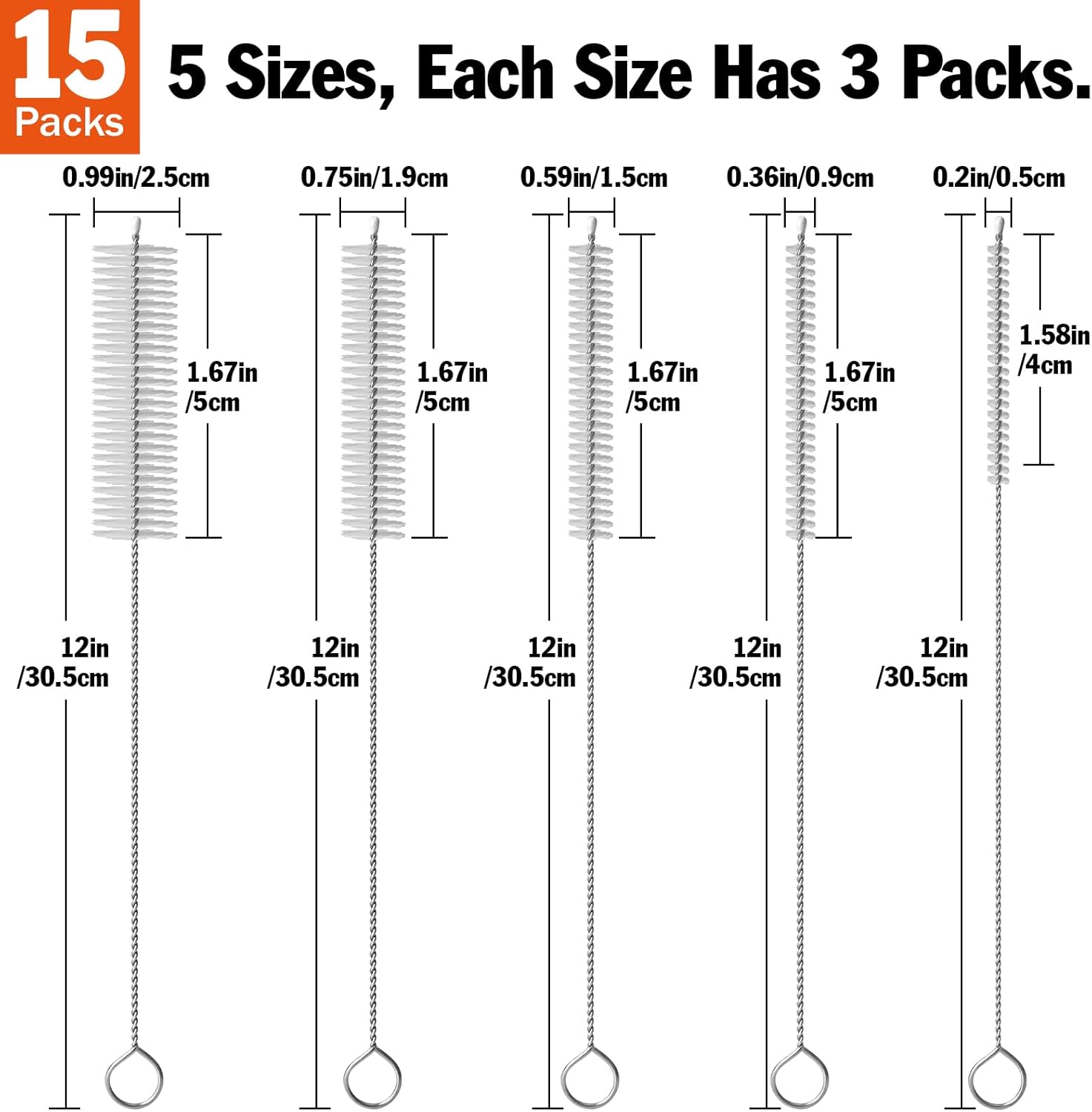 AZEN 15 Pack Straw Cleaner Brush Set, 12 inch Extra Long, 5 Different Diameters Reusable Cleaning Brush for Sippy Cup, Water Bottle and Tubes