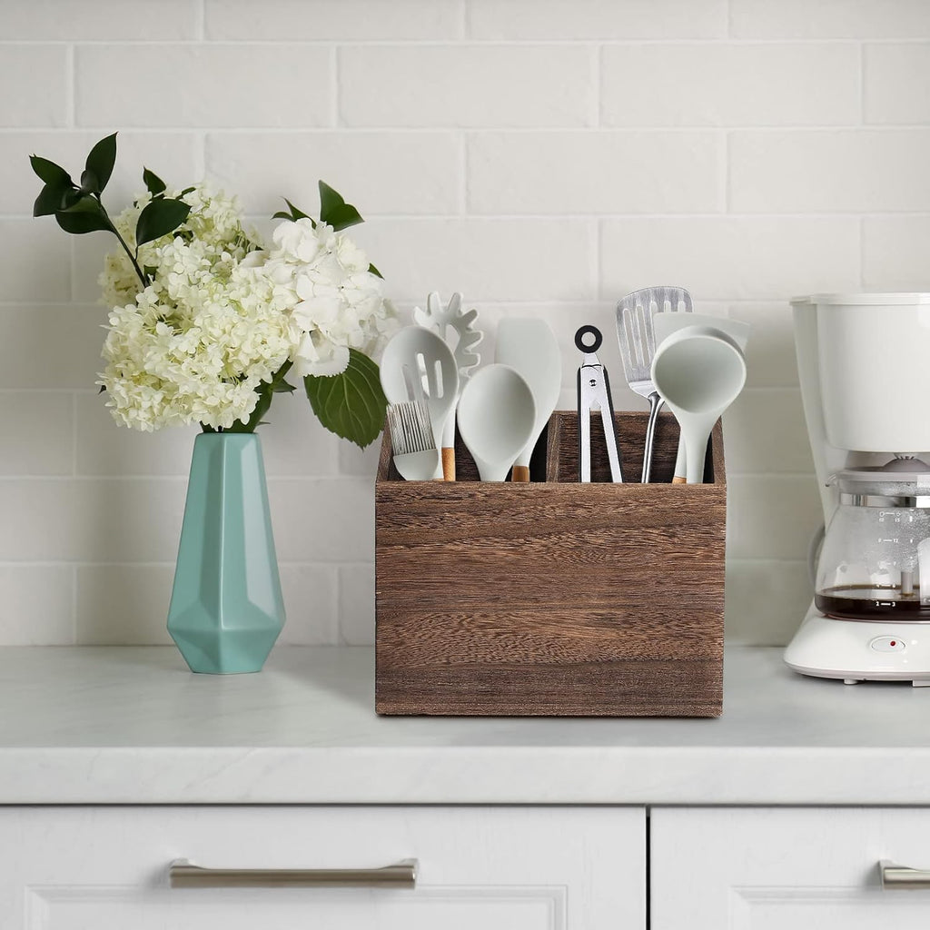 Wooden Kitchen Utensil Caddy With 2 Compartments, Rustic Utensil Holder for Kitchen Countertop, Wood Utensil Crock Organizer Box for Farmhouse Kitchen Decor (brown)