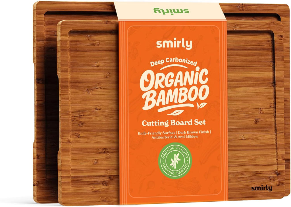 SMIRLY Bamboo Cutting Boards, Brown Bamboo Wood Cutting Board for Kitchen, Set of 2 Medium -Small & Deep Juice Groove, Butcher Block for Chopping Meat, Charcuterie Cheese Tray, Kitchen Gadgets