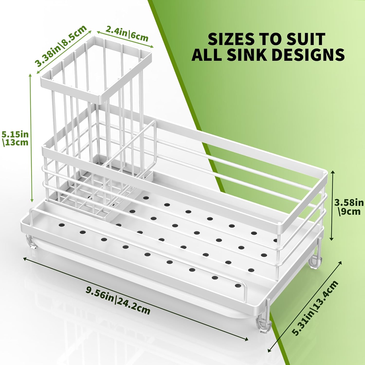Cisily Kitchen Sink Caddy Organizer, Sponge Holder, Detergent Brush Holder, Plug Storage, White, Stainless Steel, Adjustable, 3 Compartments, 9.56" x 5.15" x 5.15"