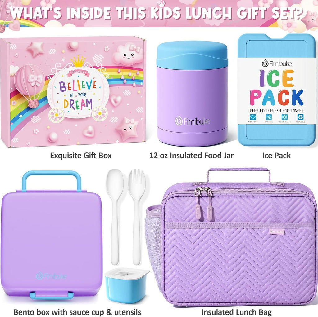 Fimibuke Kids Bento Snack Lunch Box with 4 Compartment, Insulated Bag, Stainless Steel Vacuum Thermos Food Jar, Ice Pack, Utensils Set, Birthday Gift for Age 3-12 Back to School Toddler Girl Boy Adult