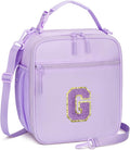 Initial Insulated Lunch Bag for Girls Kids, Back to School Gift, Reusable Leak-proof Lunch Box with Adjustable Strap for School Daycare Travel Picnic (Purple,G)