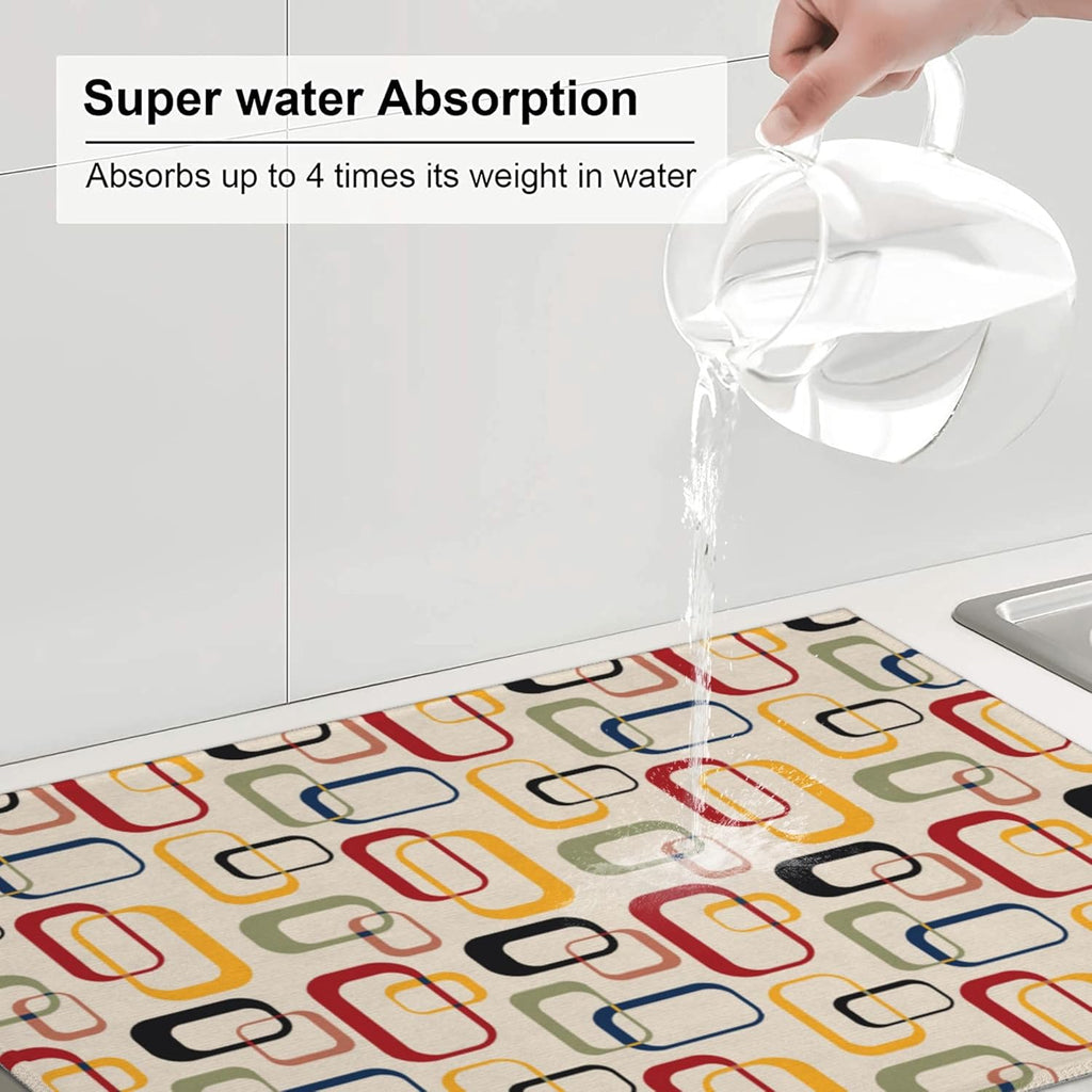 Mid Century Modern Retro Kitchen Drying Mat Vintage Decorative Microfiber Dish Drainer Mat for Kitchen Counter Absorbent Reusable Washable 18x24 Inch