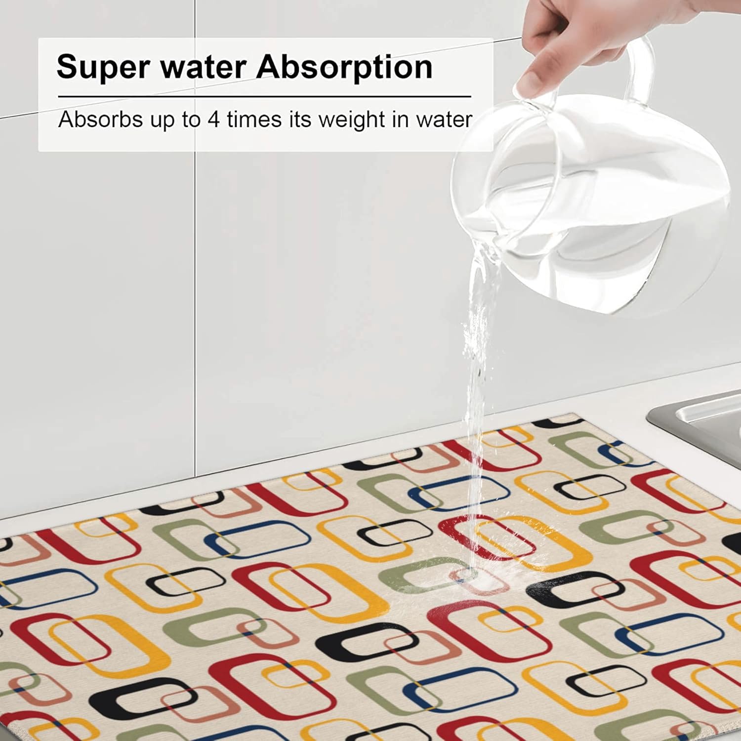 Mid Century Modern Retro Kitchen Drying Mat Vintage Decorative Microfiber Dish Drainer Mat for Kitchen Counter Absorbent Reusable Washable 18x24 Inch
