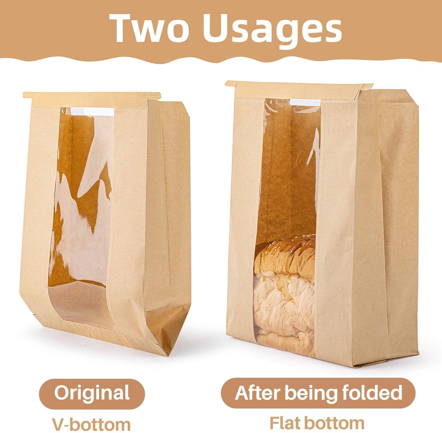 33PCS Bread Bags with Reusable Ties - Homemade Sourdough Bread Storage Brown Paper Bagel Loaf Bakery Bags with Window Toast Bags with Resealable Tie Disposable Baked Goods Sale Packaging