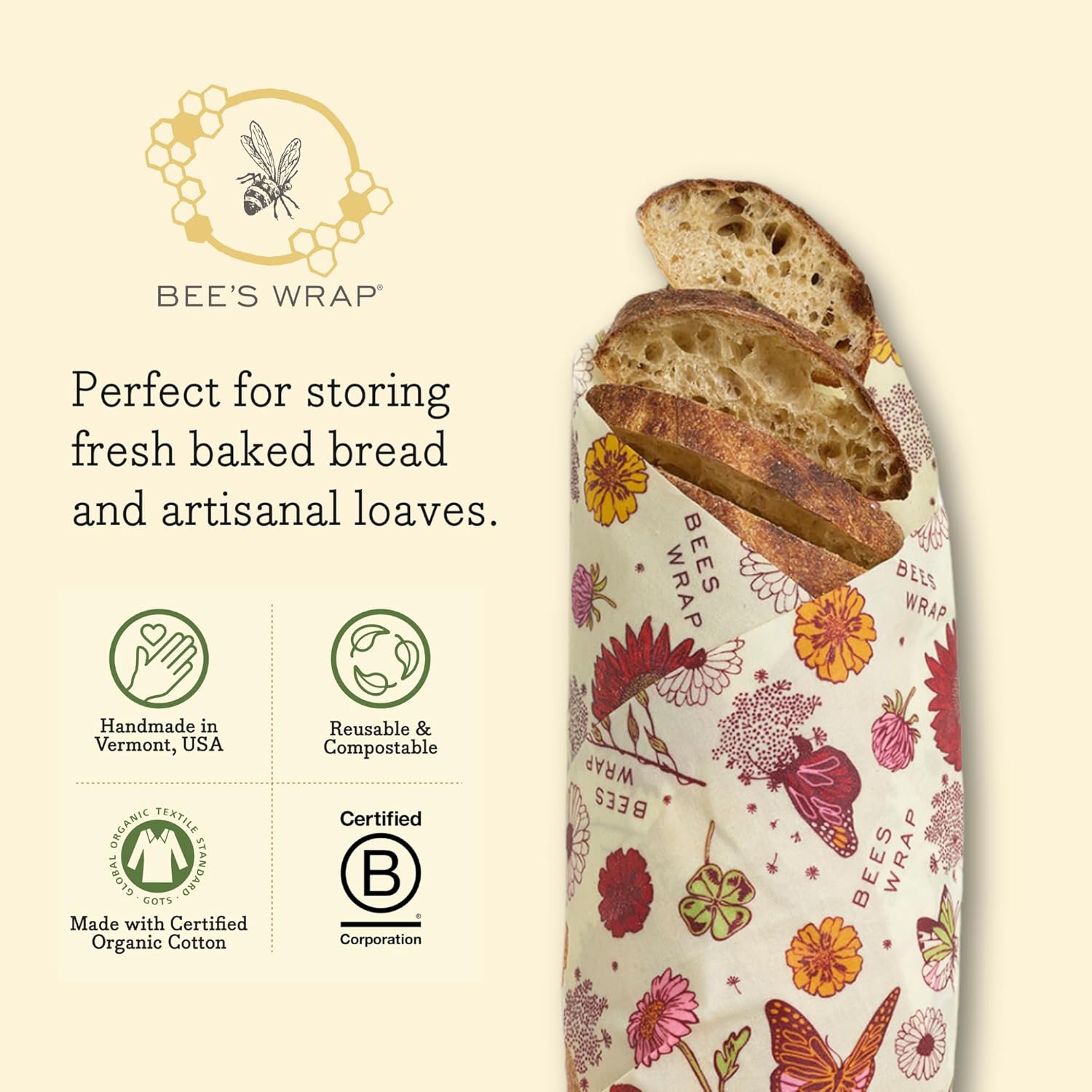 Bee's Wrap Vegan Beeswax Wraps for Food - Vegan Meadow Magic Bread Wrap - Made in USA Reusable Bread Storage Bags - Organic & Eco-Friendly Alternative to Aluminum Foil, Sourdough Bags & Plastic Wrap