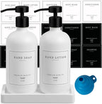 Kitchen Soap Dispenser - Hand and Dish Soap Dispenser Set, Bathroom Glass Soap and Lotion Dispenser with Pump, Tray, 14 Waterproof Labels, Set of 2 White Bottle/Black Pump-pd