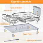 Dish Drying Rack, Stainless Steel Rustproof Dish Rack for Kitchen Counter, Sturdy Dish Drainer with Drainboard, Drainage, Utensil Holder for Various Kitchenware, 16.2"(L) x 12.6"(W), Grey