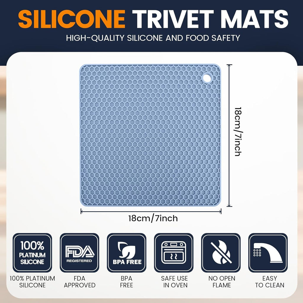 Silicone Trivet Mats 4 Heat Resistant Pot Holders Multipurpose Non-Slip Hot Pads for Kitchen Potholders, Drying mat, Jar Opener, Spoon Holder, Coaster.(Blue)