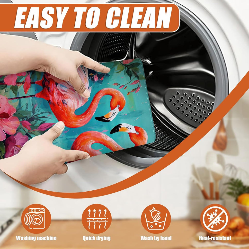 Tropical Flower Flamingo Dish Drying Mat for Kitchen Counter Microfiber Absorbent Dish Kitchen Drying Mat Draining Reusable Washable for Dishes/Utensils/Counterto