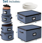 Hearth & Harbor Fine China Storage Containers, 6 Piece Dish Storage Containers, Stackable Plate Storage, Coffee Mug Storage and Wine Glass Storage Box with Dividers, Quilted Dish Organizers, Blue