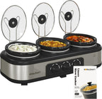 Sunvivi Slow Cooker with 10 Cooking Liners, Triple Slow Cooker Buffet Server 3 Pot Food Warmer for Parties with 3 Spoons ? Lid Rests,Adjustable Temp, 3 * 1.5 Quarts Silver