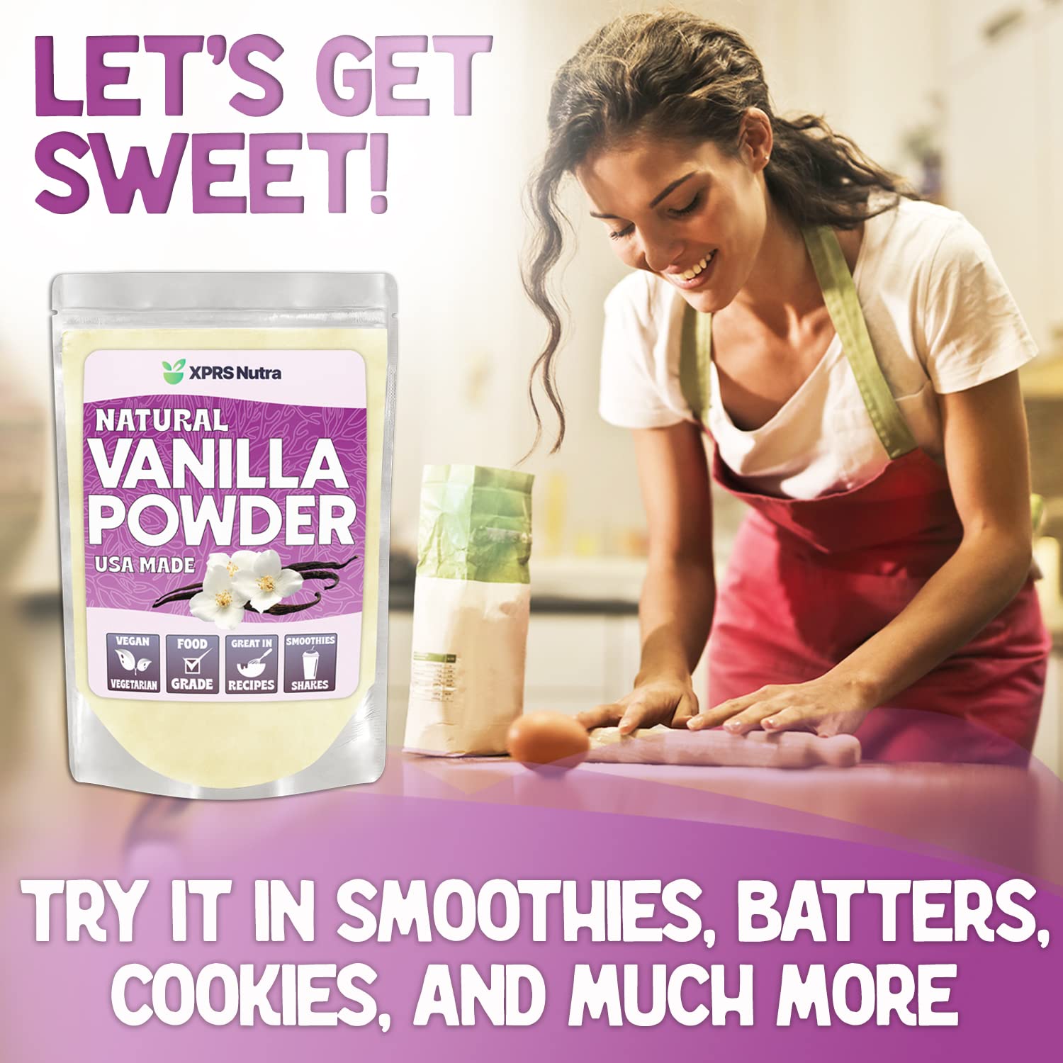 XPRS Nutra Vanilla Flavoring Powder - Fresh Vanilla Powder - Premium Vanilla Powder for Baking Pure Vanilla Bean Powder Flavoring - Make Vanilla Sugar for Baking Vanilla Powder for Coffee (6 Ounce)