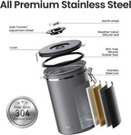 Veken Coffee Canister, 39OZ Large, Airtight Stainless Steel Food Storage Container for 2.2lbs Coffee Beans, Ground, Sugar, Tea, Flour, Rice, Cereal, Cookies Jars, Bar Accessories & Gifts, Gray