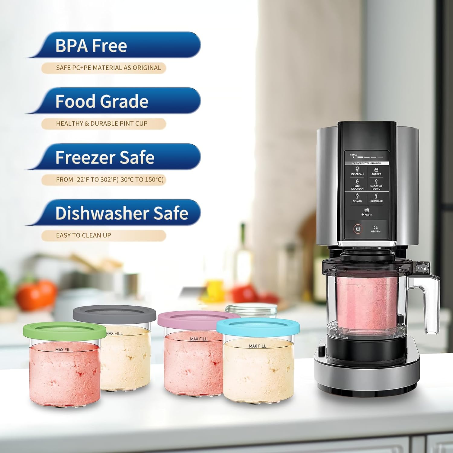 For Ninja Creami NC299AMZ & NC300s Series Ice Cream Makers, BPA-Free &Dishwasher Safe, 16oz Pints with Lids 4 Pack - Assorted Colors, Ice Cream Containers