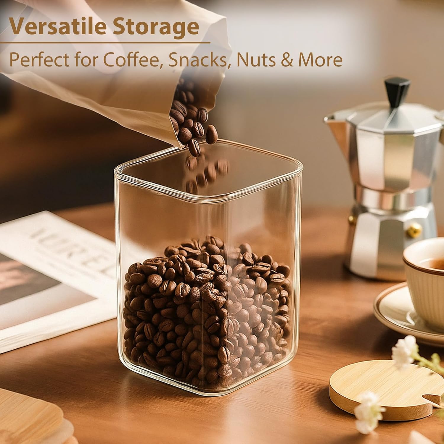 37oz Square Glass Storage Containers with Bamboo Lids – 4 Pack Clear Food Airtight Glass Jars for Pantry Organizers and Storage, Kitchen Dry Food, Coffee, Sugar, Flour, Snacks, Spices