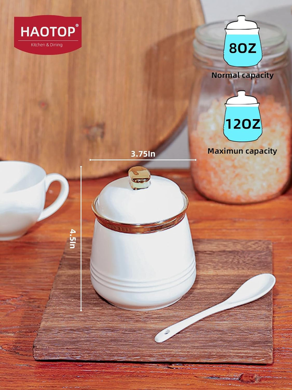 HAOTOP 12oz Sugar Bowl with Lid and Spoon,Simple Ceramic Sugar Jar Sugar Container Sugar Dispenser Coffee Bar Accessories, Modern Kitchen Countertop Canisters, White