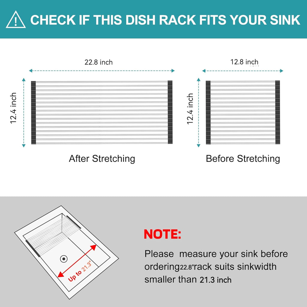 BBXTYLY Extra Expandable Roll Up Dish Drying Rack,Over The Sink Drying Rack Sink Cover Kitchen Sink Accessories Kitchen Rolling up Stainless Steel Drainer, Foldable,Rollable（Black，22.8''-12.4''）