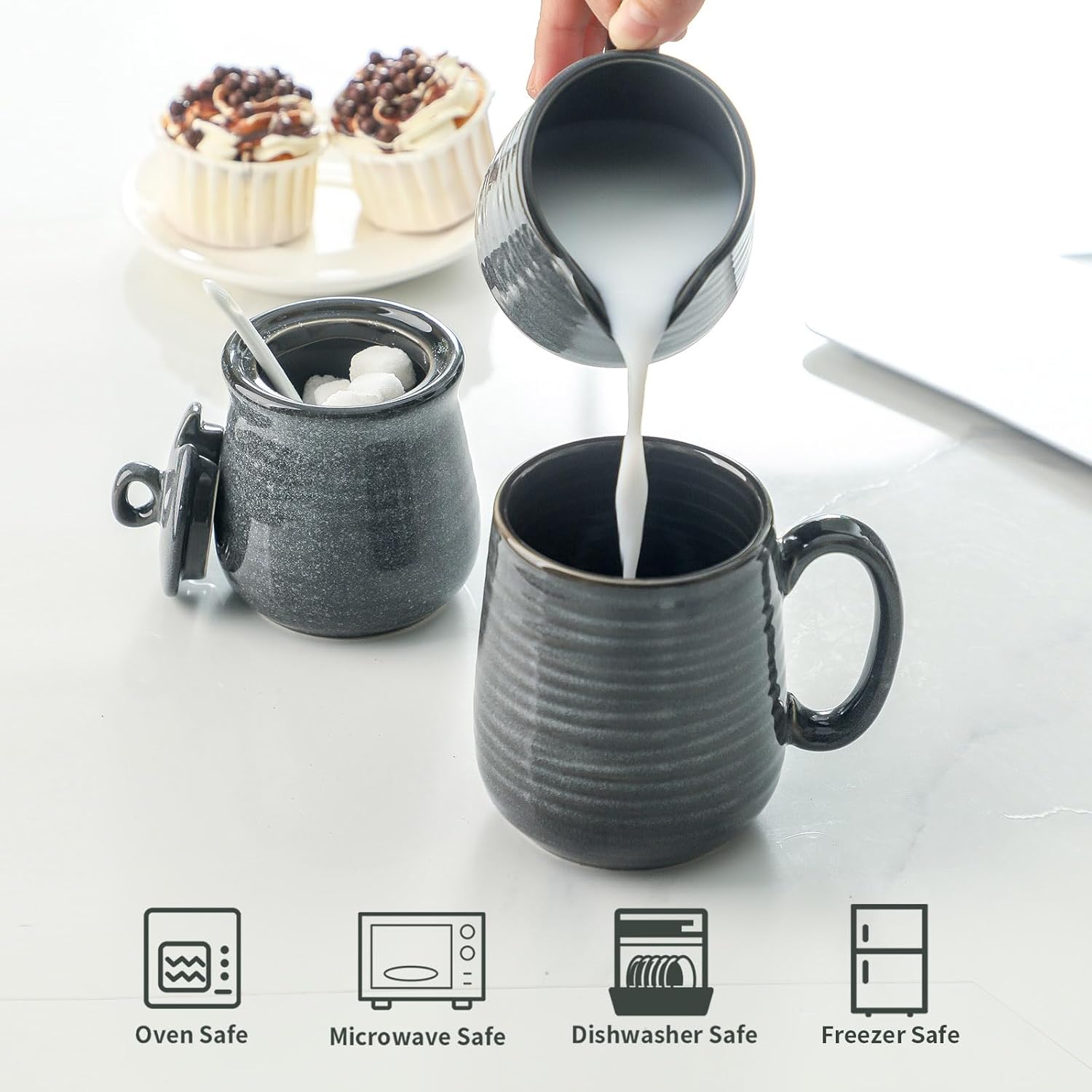 Hasense Porcelain Sugar and Creamer Set, 11 Oz Sugar Bowl with Lid and Spoon and 10 Oz Cream Pitcher, Farmhouse Coffee Sets for Serving, Dishwasher Safe, Grey
