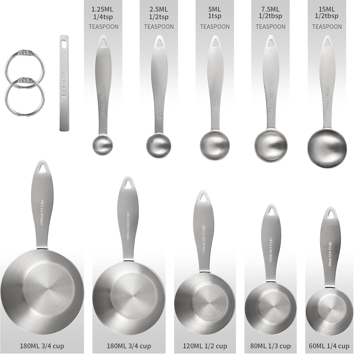 Stainless Steel Measuring Cups and Spoons Set, 18/8 Steel Metric & US 5 Heavy Duty Measuring Cups and 5 Measuring Spoons & Measure Ingredient Leveler for Baking & Kitchen