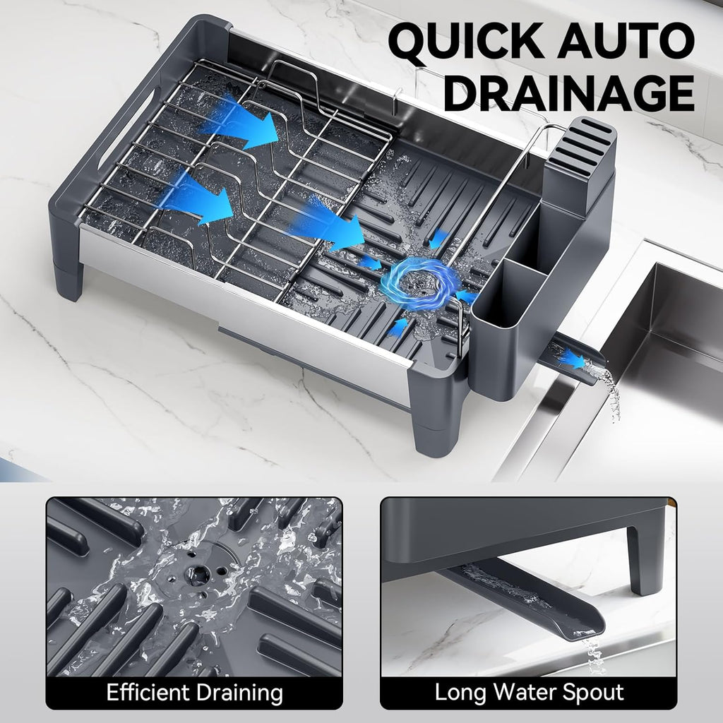 Expandable Dish Drying Rack, Stainless Steel Dish Rack with Aluminum Frame, Dish Drainer for Kitchen Counter, Space Saving Kitchen Drying Rack with Movable Utensil Holder,Gray