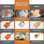 304 Stainlss Steel Kitchen Utensils Set, 12 Pcs Long Metal Utensils Set with Potato Masher, Spoon, Ladle, Skimmer, Turner, Pasta Server, Tongs etc(Dishwasher Safe)