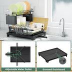 2 Tier Dish Drying Rack, Drying Rack with Automatic Drainboard, Dish Racks for Kitchen Counter, Rustproof Dish Drainer with Removable Utensil Holder, Cups Holder,Black