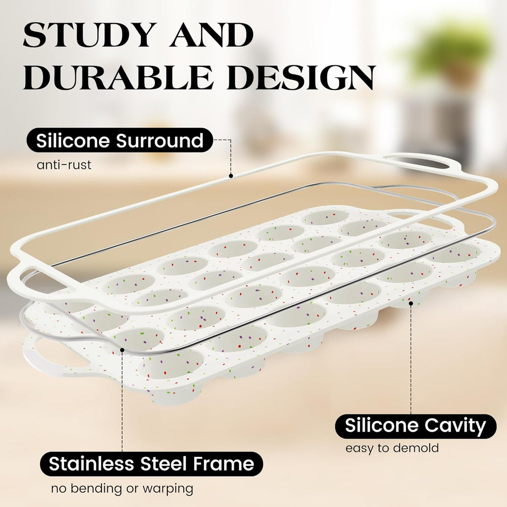 1 Pc Silicone Mini Muffin Pan With Metal Frame, 24 Cups Nonstick Cupcake Tray for Baking, Small Muffin Molds with Handles (Cream)