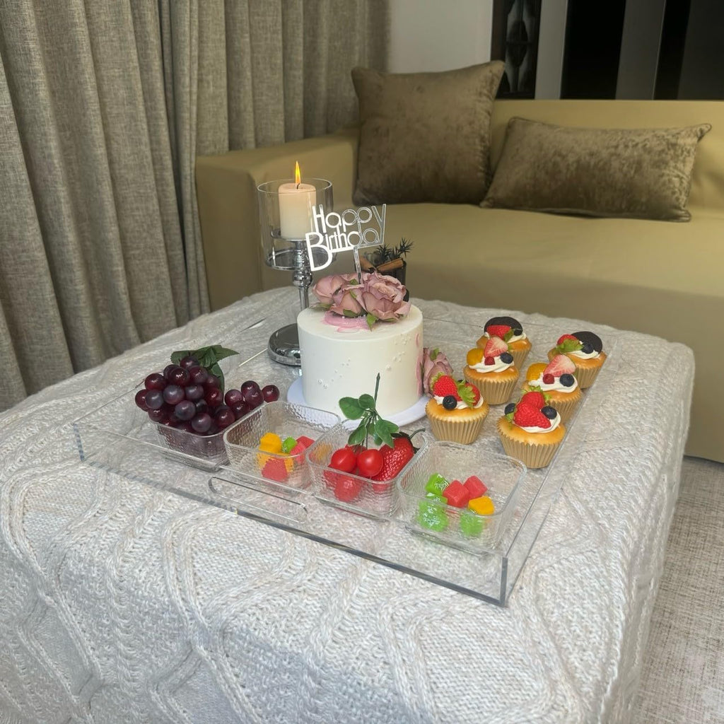Clear Acrylic Ottoman Tray with Cutout Handles 20x20 Inch Over Sized Serving Tray, Organizer Rubber Boot Tray Decorative for Living Room Bedroom,Bathroom and Entryway Kitchen Tabletop