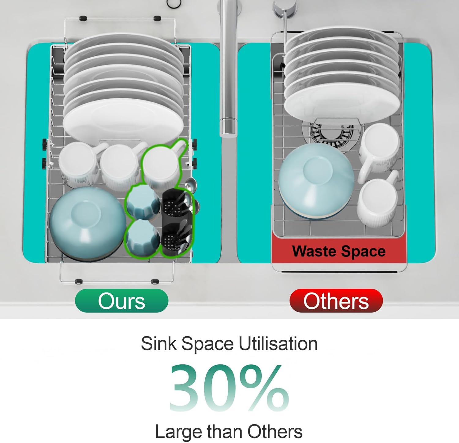 GSlife in Sink Dish Drying Rack - Large Stainless Steel Capacity Expandable Dish Drainer with Sink Protector, 13.4"~20.5'' L x 12.8'' W x 5.7'' H, Silver